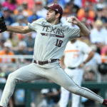 Ryan Prager throws a pitch for Texas A&M at the 2024 College World Series.