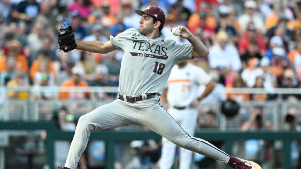 Ryan Prager throws a pitch for Texas A&M at the 2024 College World Series.