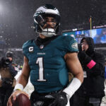 Jalen Hurts after a game in 2025.