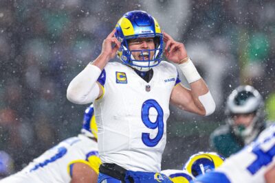 Matthew Stafford calls a play for the LA Rams during a playoff loss to the Eagles in Philadelphia.
