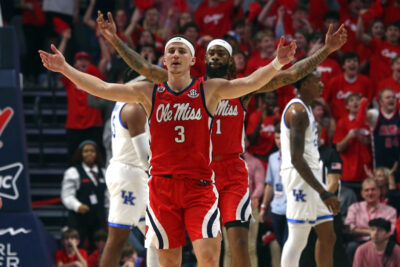 Ole Miss celebrates during the win.