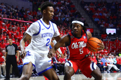 Ole Miss guard Jaylen Murray dribbles the ball against Kentucky.