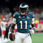AJ Brown celebrates after a catch during the Philadelphia Eagles' Super Bowl 59 win over the Kansas City Chiefs.