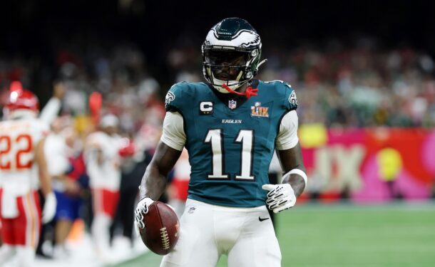 AJ Brown celebrates after a catch during the Philadelphia Eagles' Super Bowl 59 win over the Kansas City Chiefs.