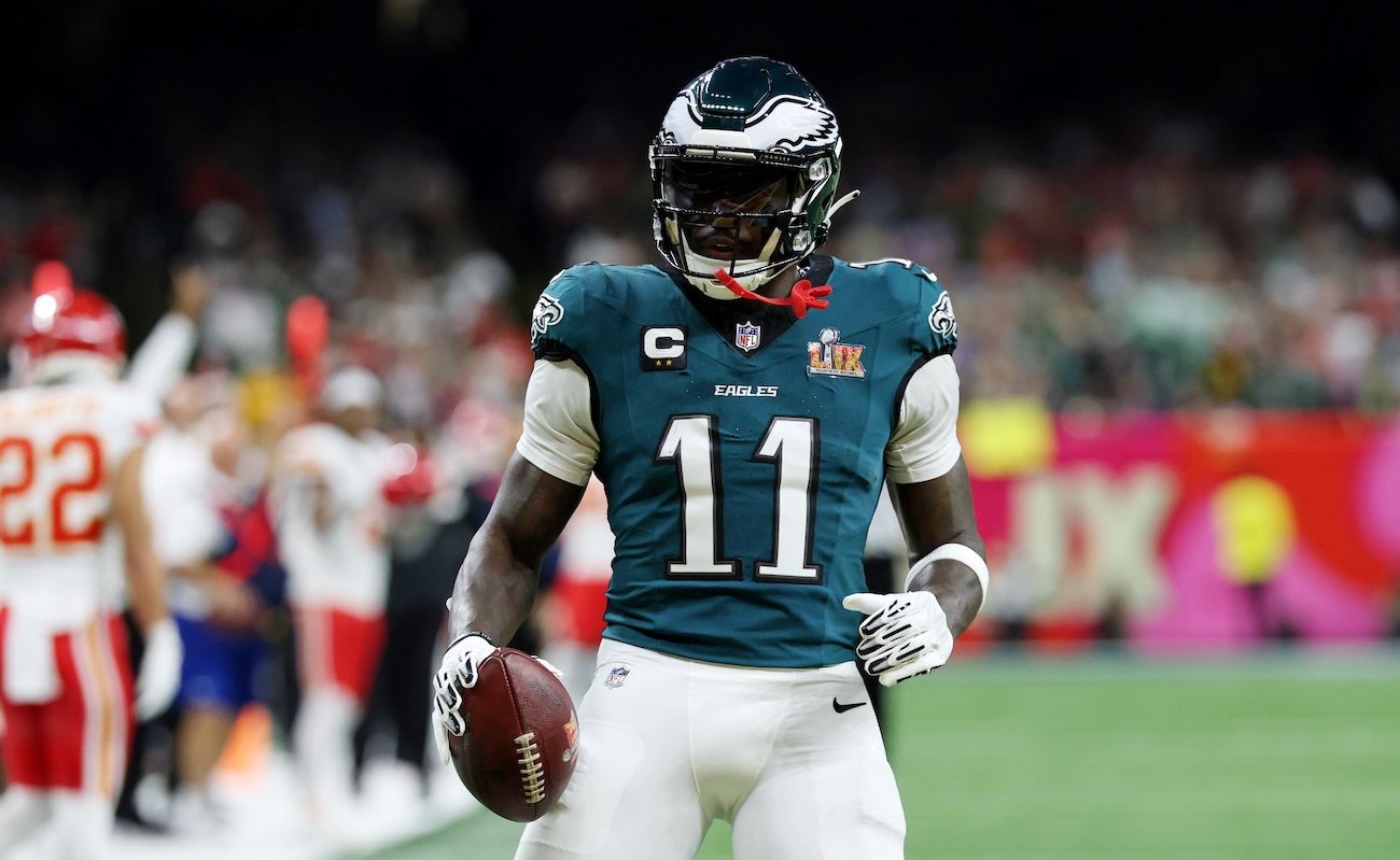 AJ Brown hilariously displays (unwashed) uniform from Super Bowl 59