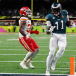 AJ Brown shown scoring a touchdown in Super Bowl 59.