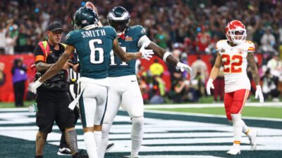 DeVonta Smith shown celebrating a touchdown.