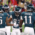 Philadelphia Eagles shown in endzone after Super Bowl touchdown.