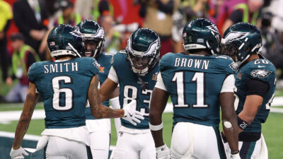 Philadelphia Eagles shown in endzone after Super Bowl touchdown.