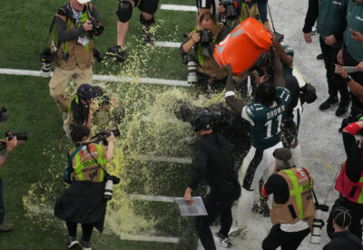 AJ Brown pours Gatorade on Nick Sirianni.