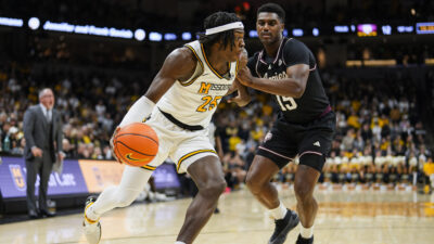 Mark Mitchell drives the ball during a game in 2025.