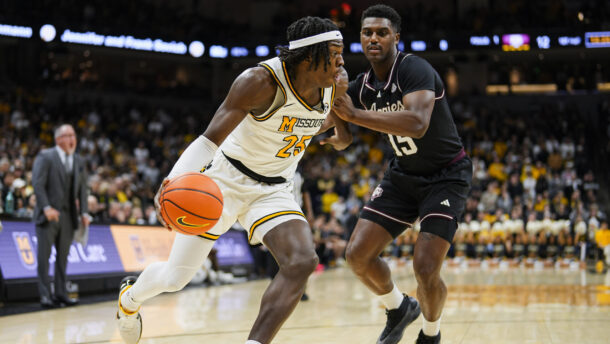 Mark Mitchell drives the ball during a game in 2025.
