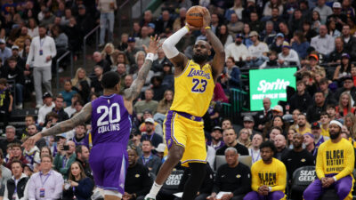 LeBron James shown in Lakers-Jazz game from Feb. 12.