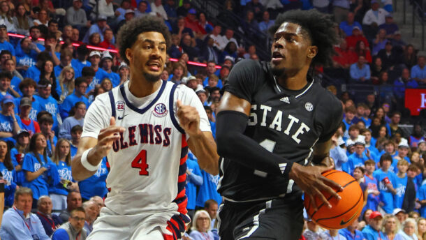 Mississippi State and Ole Miss players in action.