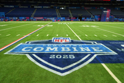 NFL Combine logo shown on field at Lucas Oil Stadium.