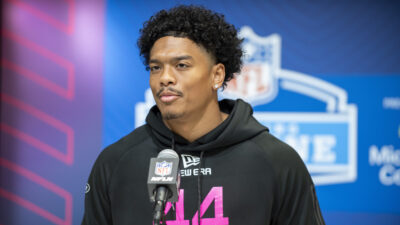 Malachi Moore speaks at NFL Combine.