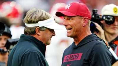 Kirby Smart and Kalen DeBoer before a game in 2024.