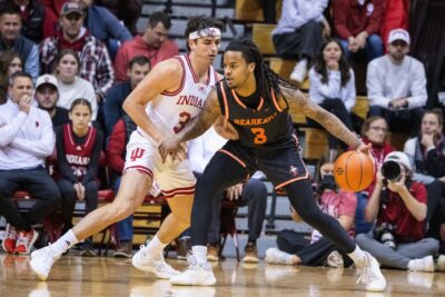Lamar Wilkerson of Sam Houston dribbles the ball during a game against Indiana in 2024.