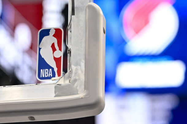 NBA logo on a backboard.