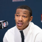 Former Alabama WR DeVonta Smith speaks to the media.
