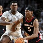 Silas Demary Jr. dribbles the ball for Georgia against Texas A&M.