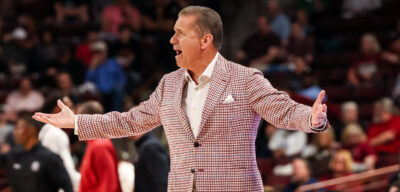 John Calipari reacts with disappointment as his Arkansas squad stumbles against South Carolina.