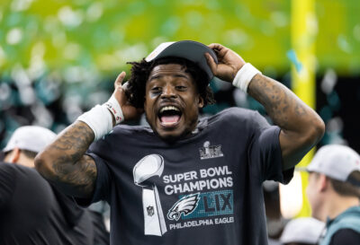 Former Florida DB C.J. Gardner-Johnson celebrates Philadelphia's Super Bowl win.