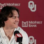 Oklahoma quarterback John Mateer at a press conference.