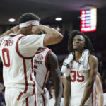 Oklahoma guard Jeremiah Fears celebrates after scoring.