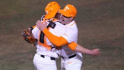 Tennessee baseball players celebrate.