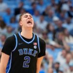Cooper Flagg of Duke celebrates during a win over North Carolina.