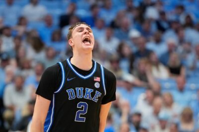 Cooper Flagg of Duke celebrates during a win over North Carolina.