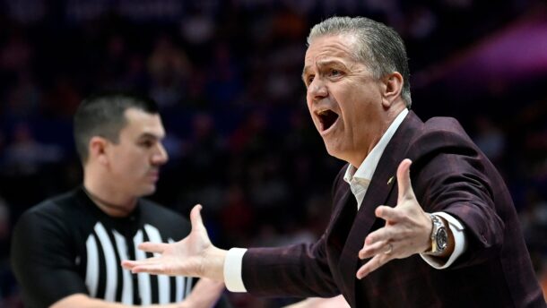 John Calipari reacts in a game.
