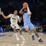 RJ Davis plays against Wake Forest in the ACC Tournament.