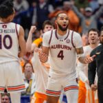 Johni Broome reacts to a call in an SEC Tournament game.