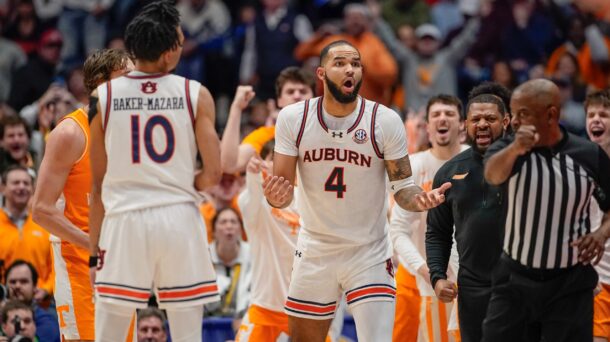 Johni Broome reacts to a call in an SEC Tournament game.
