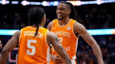 Chaz Lanier and Zakai Zeigler celebrate a win over Auburn in the SEC Tournament.
