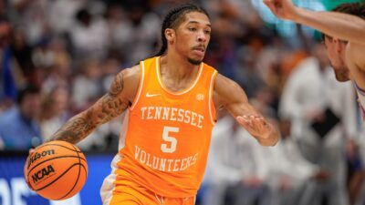 Zakai Zeigler of Tennessee dribbles the ball during a game against Florida.