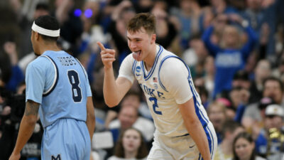 Duke star Cooper Flagg celebrates.