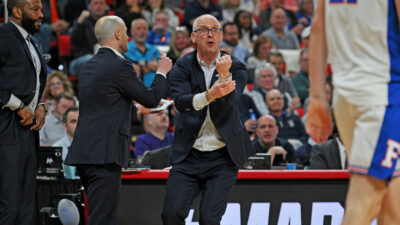 Dan Hurley coaches in an NCAA Tournament game in 2025.