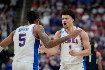 Walter Clayton Jr. and Will Richard celebrate a Florida NCAA Tournament victory.