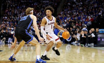 Mark Sears of Alabama looks for his shot against BYU in the 2025 NCAA Tournament.
