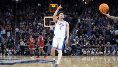 Walter Clayton Jr. celebrates Florida's victory over Texas Tech to advance to the Final Four.