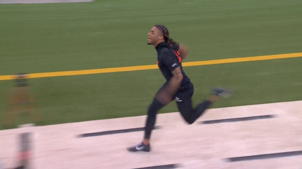 Miami WR Sam Brown Jr. runs the 40-yard dash.