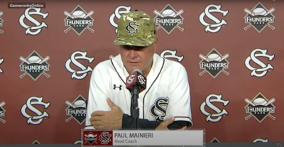 South Carolina coach Paul Mainieri speaks to the press.
