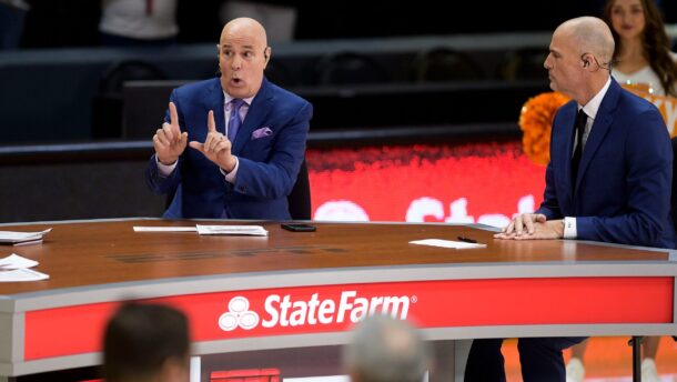 ESPN's Seth Greenberg and Jay Bilas on set during College GameDay.
