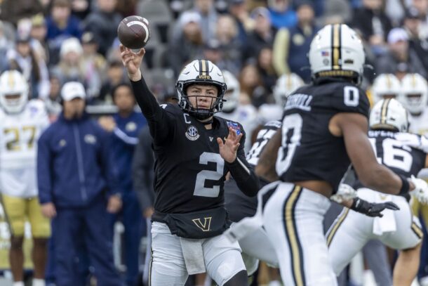 Diego Pavia throws a pass during a Vanderbilt game.