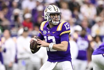 Garrett Nussmeier of LSU attempts a pass during the Texas Bowl.