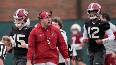 Ty Simpson, Nick Sheridan and Keelon Russell during an Alabama spring practice.