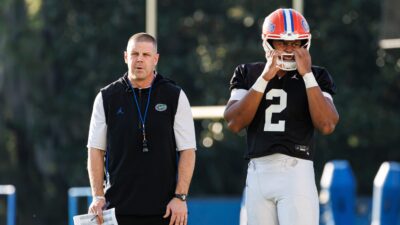 Billy Napier and DJ Lagway during a spring practice.
